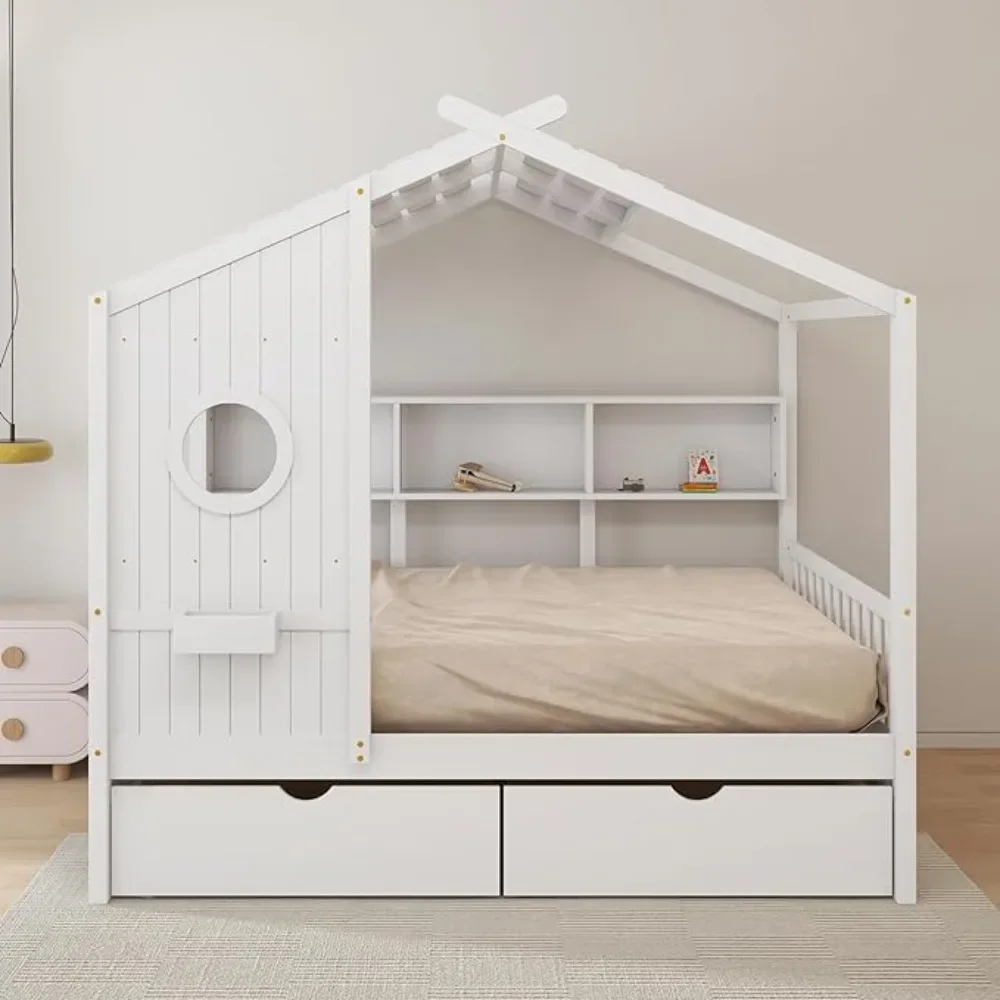 Bed for Kids,Wooden Kids Bed with Storage Drawers and Bookshelf, Built in Window Box Design,Cute Bed for Kids Toddler Boys Girls