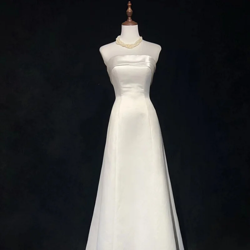 

Satin Light Wedding Dress Small Gown for Women2025New White Strapless Simple Lightweight Engagement Outfit with Train