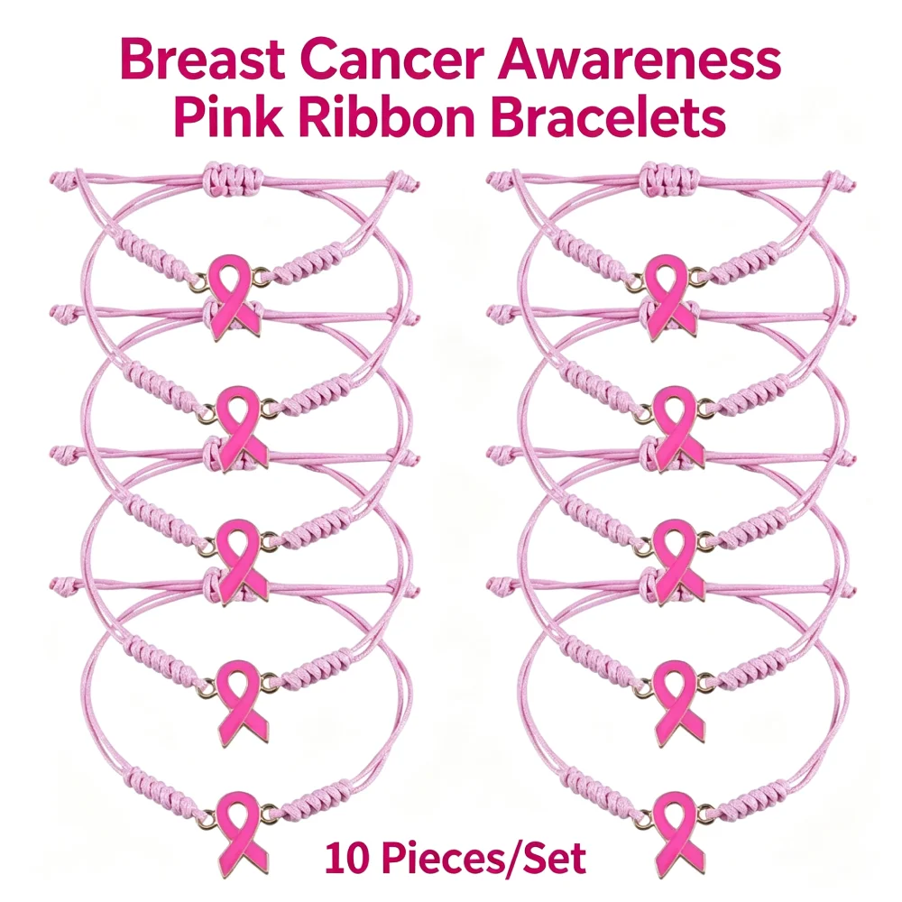 10Pcs Per Pack Pink Ribbon Breast Cancer Awareness Braided Bracelets For Women Handmade Adjustable Perfect Gift For Her Joias