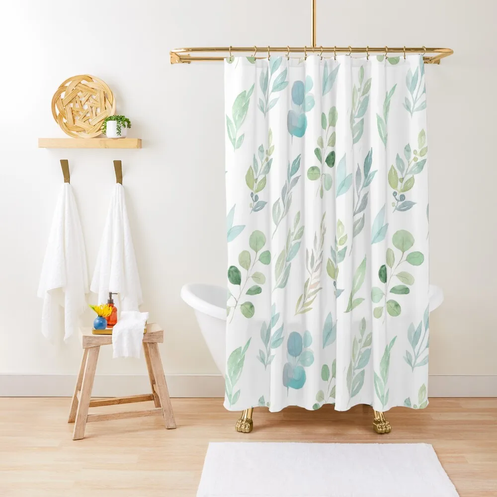 

Pastel green teal hand painted watercolor leaves floral Shower Curtain Bathroom Accessories Bathroom Shower Set Curtain