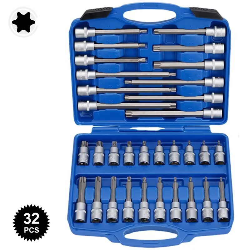 Juego de manguitos de enchufe extendido, 26/30/32 Uds., juego de manguitos de broca de presión, cabezal de llave, Kit combinado de enchufe Torx externo, herramienta de mano