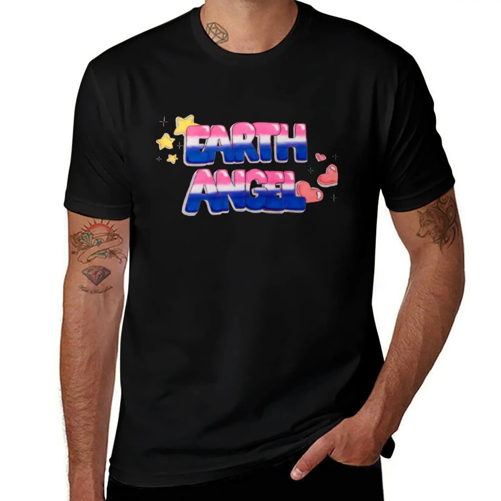 Old School “Earth Angel” Bubble Letter w/ Aesthetic Hearts & Stars T-Shirt Basic Breathable Solid Color T-Shirt