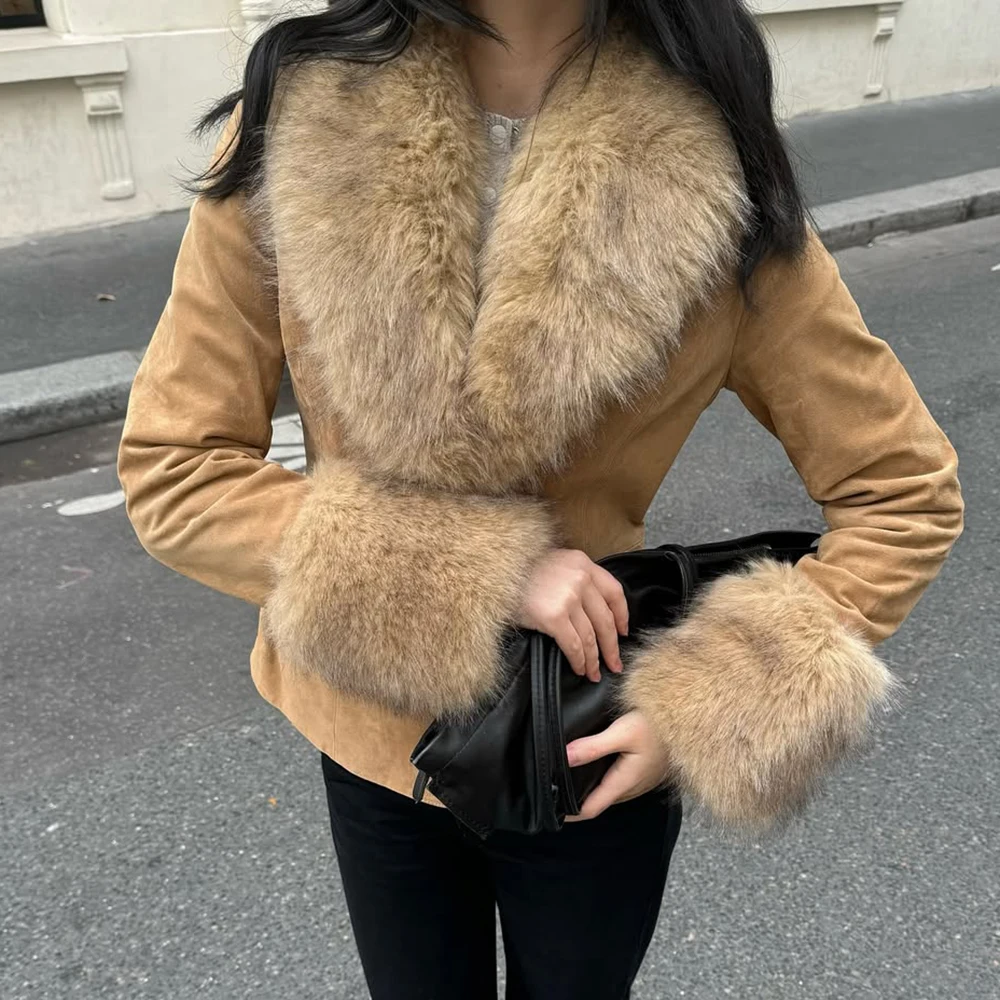 Ticketsx Fashion Suede Fur Collar Jacket Women Single Breast Pockets Slim Women Coat Elegant Vintage Winter Warm Street Clothing