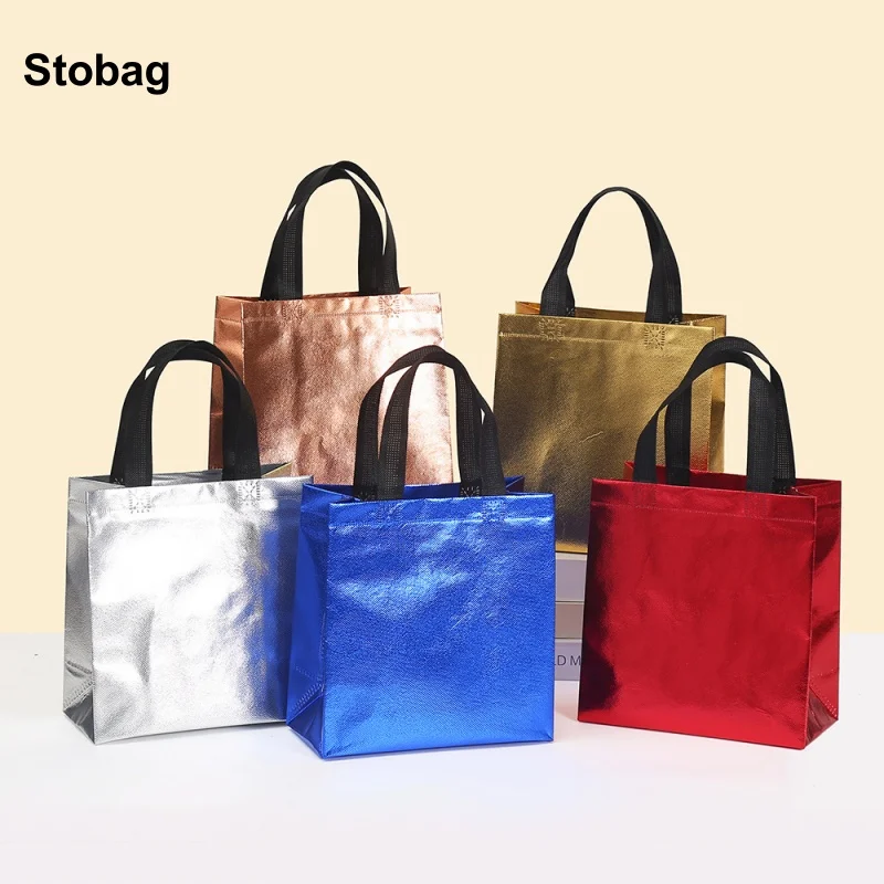 StoBag 12pcs Laser Color Non-woven Tote Bags Fabric Gift Package Kids Child Birthday Waterproof Storage Reusable Pouch Party