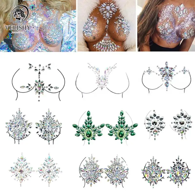 Acrylic Colorful Crystal Breast Chest Paste Sexy Breast Self Adhesive Stickers Breathable Nipple Bra Breast Stickers 23 STYLES