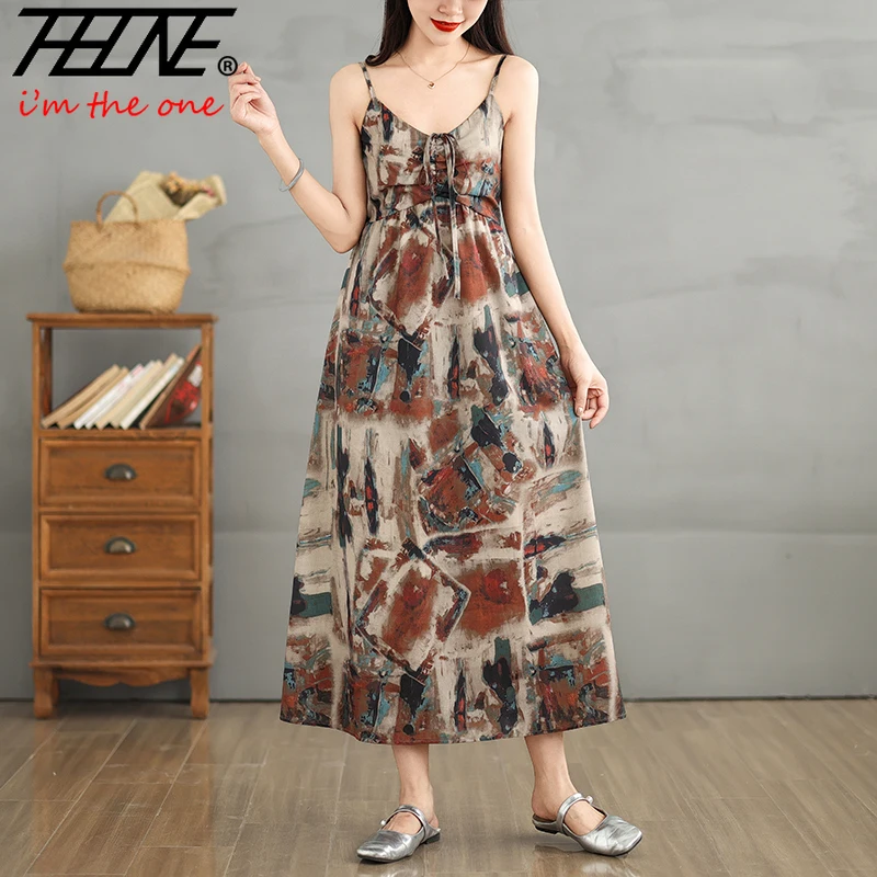 

THHONE Summer Dresses for Women 2025 Fashion Holiday Robe Vintage Strap Loose Sleeveless Elegant A-line Dress Vestidos De Mujer