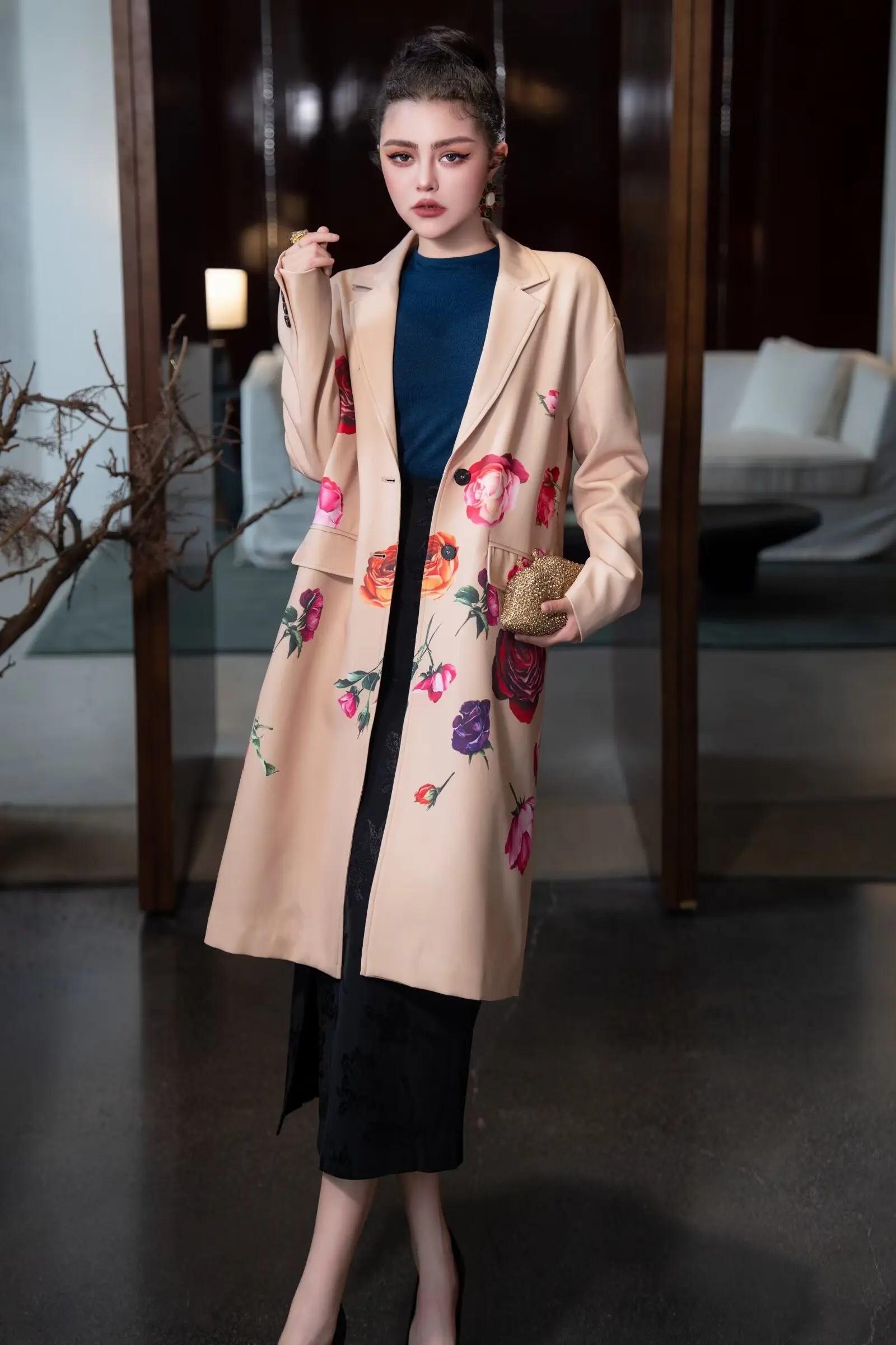 SEQINYY Elegant Khaki Trench Coat Spring Autumn New Fashion Design Women Runway High Street Vintage Flower Print Pocket Loose