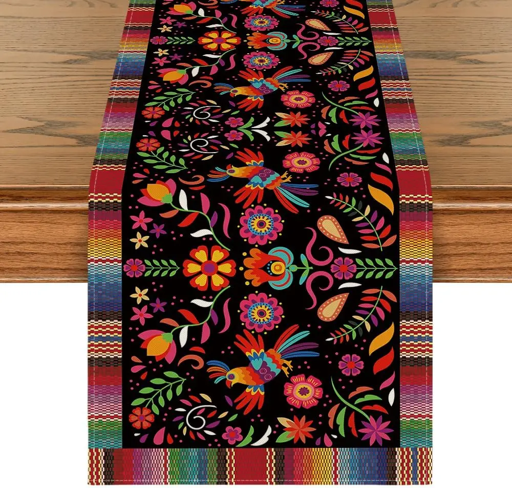 Mexican Fiesta Cinco De Mayo Day Linen Table Runners Dresser Scarf Decor Washable Dining Kitchen Table Runners Home Decorations