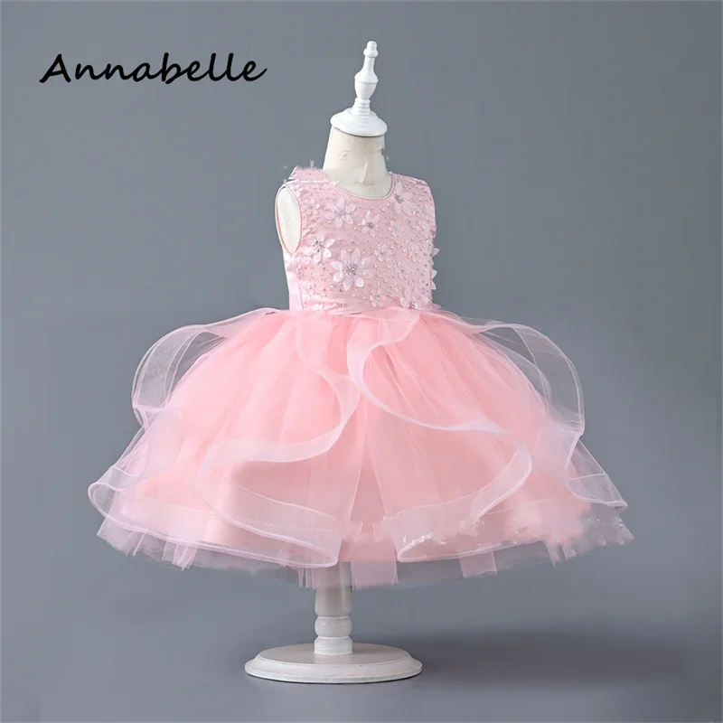 Annabelle Blumen mädchen Kleid geschwollene Spitze Blume Baby Hochzeit Bogen Kleid Priness Mädchen Bogen Geburtstags feier ärmelloses Kleid neu