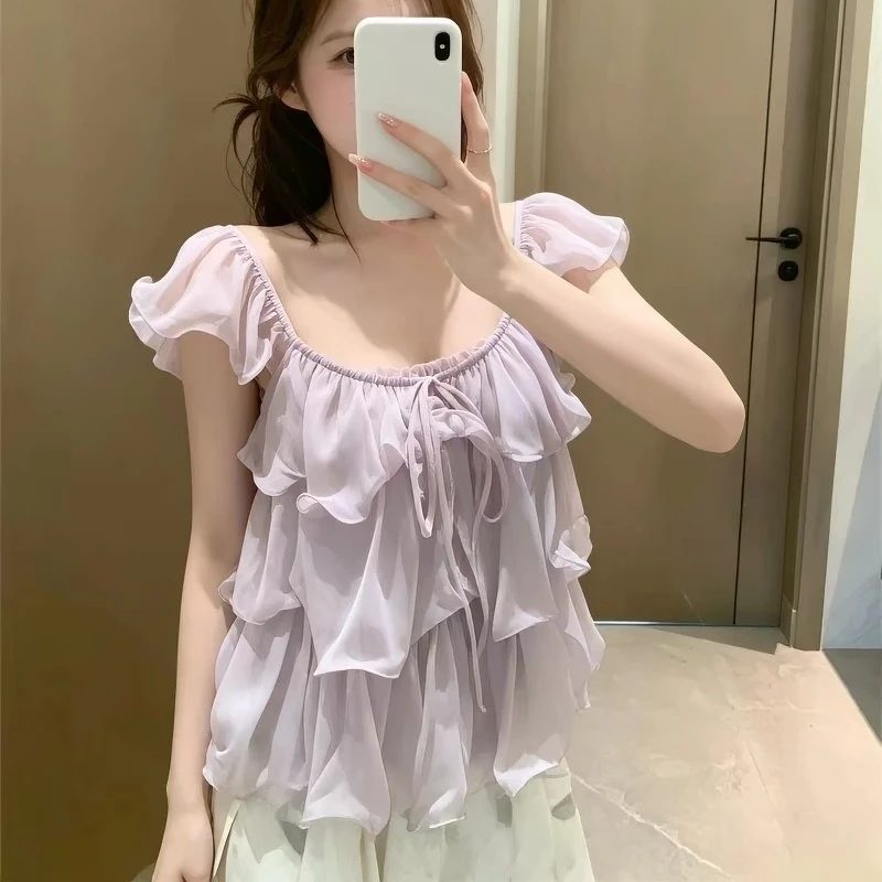 White Ruffles V-Neck Summer Blouses Women's Tops Casual Short Sleeve Y2k Clothes Korean Slim Sweet Ladies Purple Chiffon Shirts