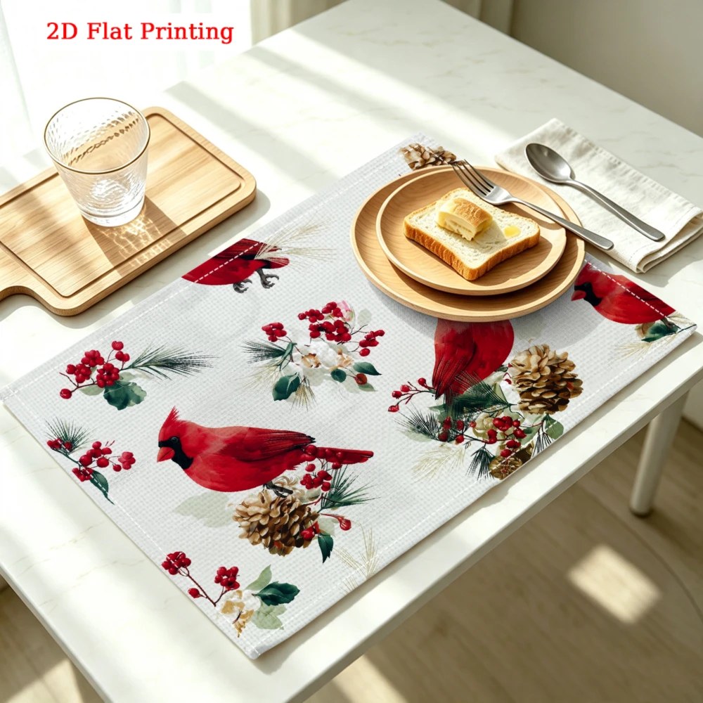 Red Cardinals Pinecones Berries Print Kitchen Placemat Coaster Linen Pad Dish Coffee Cup Table Mat 30x40cm Home Decor
