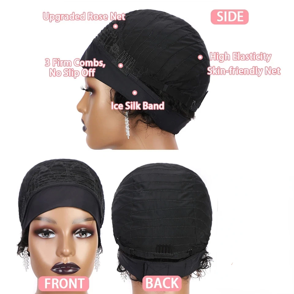 カーリーウェーブヘッドバンド人毛ウィッグ女性用ピクシーカットウィッグショートカーリーヘッドバンドウィッグ150%密度ナチュラルブラックマシンメイド