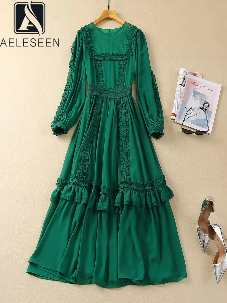 

AELESEEN High Quality Green Dress Women Spring Summer Lantern Sleeve Ruffles Edible Tree Fungus Long Ruffles Elegant Party