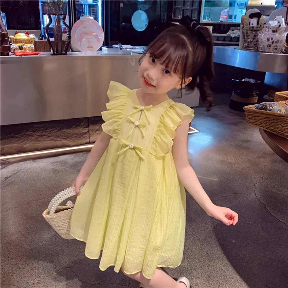 Girls Summer Dress Yellow Ruffles Sleeveless Dresses for Girls Solid Cute Princess Dress Children Girl Clothing Toddler Outfits