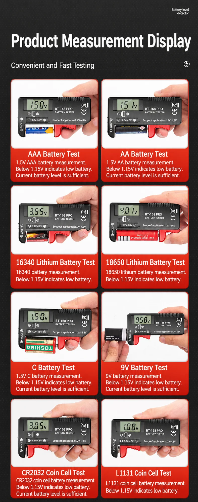 Universeller digitaler Batterietester für AA, AAA, C, D, 9V, PP3, 6F22, R03, LR14, R20 Batterien, Spannungsmesser mit LCD-Display – Detail 14