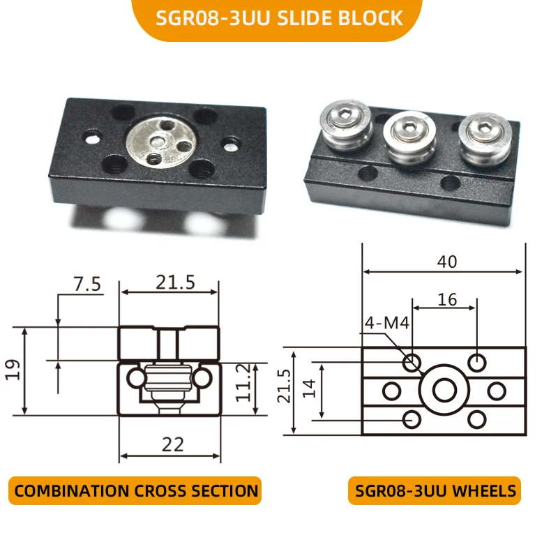 Mini Roller Linear Guide Rail SGR08 100mm 200mm 300mm 400mm 500mm Wheels Slide Block Rectanlgle rail Slideway Sliding table