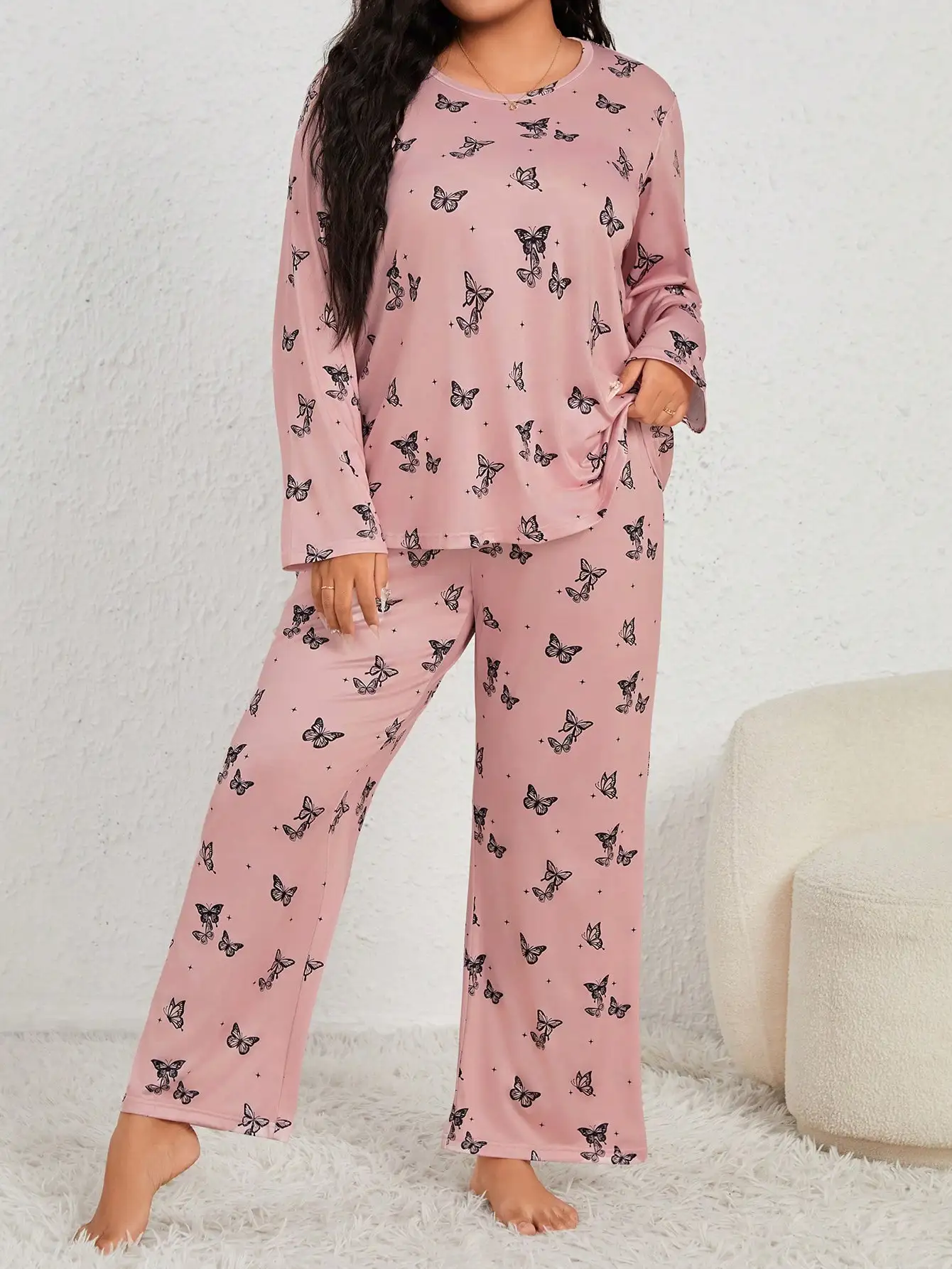 Spring and Autumn Women\'s Large Size Pajamas Casual Butterfly Print Pink Top&Pants 2PK