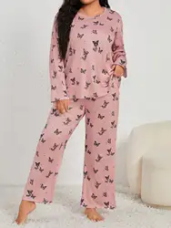 Spring and Autumn Women's Large Size Pajamas Casual Butterfly Print Pink Top&Pants 2PK