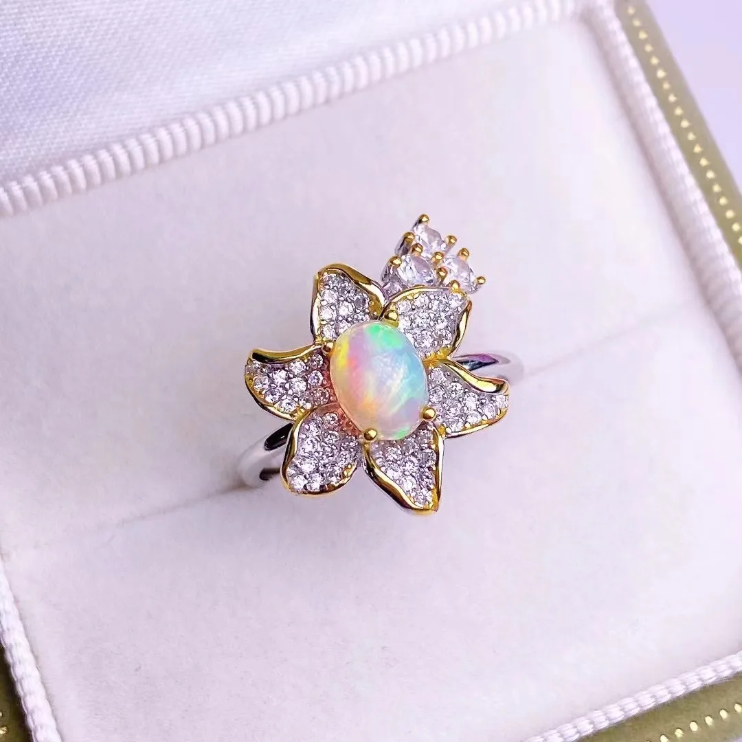 

Ladies rings 925 Opal Ring with 5x7mm Main Stone, Adjustable Band - Elegant Jewelry Collection