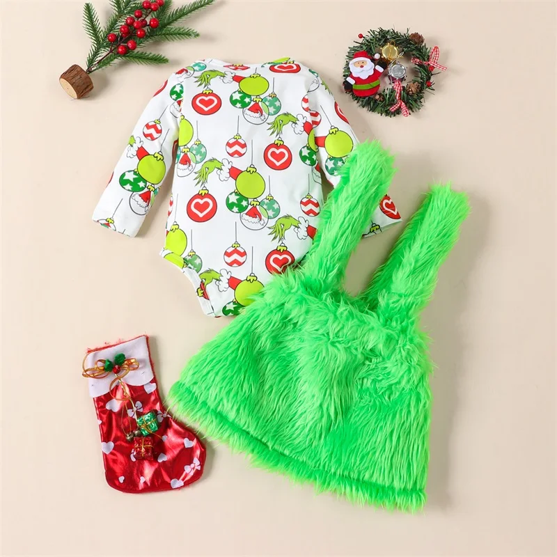 Mubineo Baby Girls 2 Piece Outfits Christmas Ball Print Long Sleeves Romper and Plush Suspender Green Skirt Fall Spring Clothes