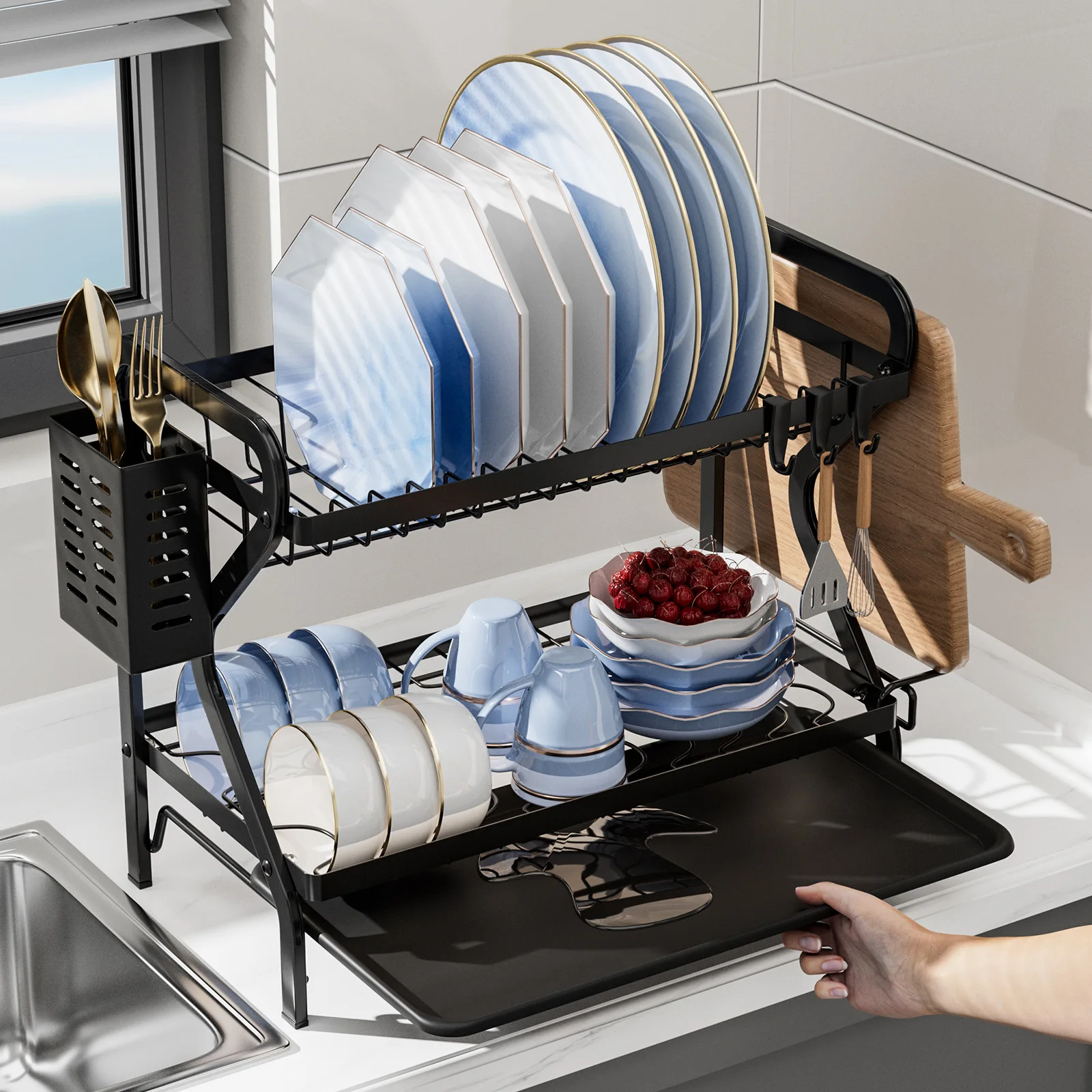 

Multi-functional Kitchen Drain Bowl Holder Tableware Water Filter Shelf Household Plates Dish Cutlery Storage Box
