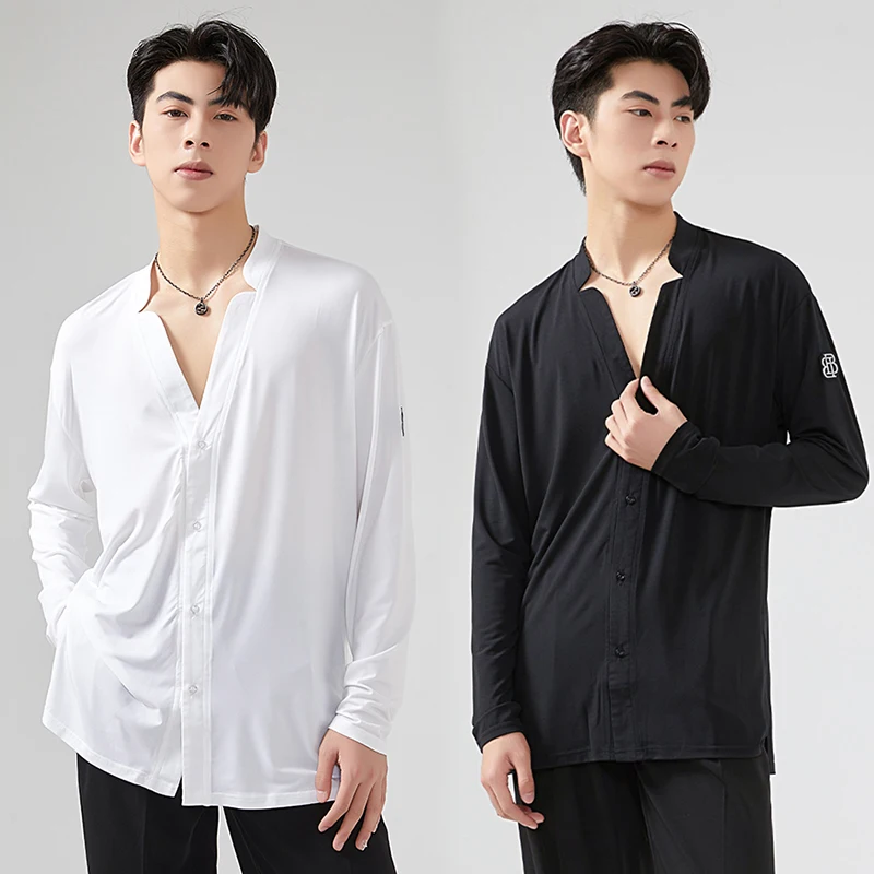 Latin Dance Clothes Male Adult V Nevk Long Sleeves Shirts Men Performance Dancewear Rumba Ballroom Dance Competition Top BL13067