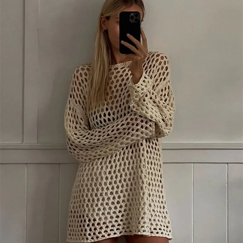 

Summer Knitted Hollow Mini Dress Women's Fashion Beach Vacation Dress See-through Loose Patchwork Knitted Mini Dress 2024 New
