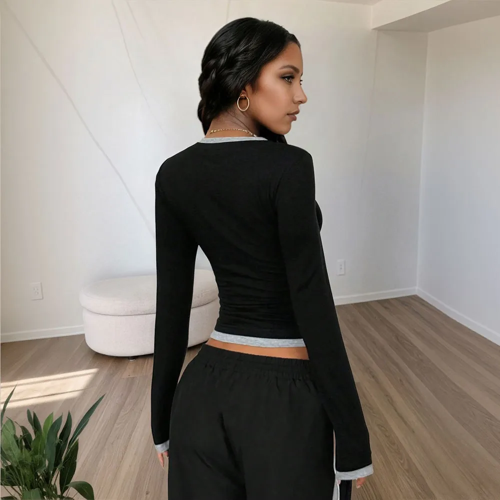 Sexy Spicy Girl Pure Color Women's V-neck Slim Long Sleeve Patchwork Collision Color T-shirt Cross-Border New Spring Summer