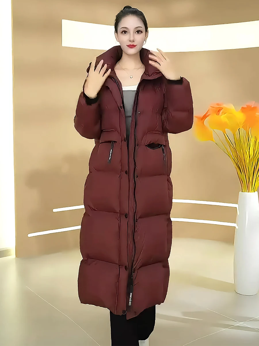 Elegante Piumino Casual di Alta Gamma Bianco da Donna, Cappotto Lungo con Cappuccio e Collo Alto, Novità Invernale