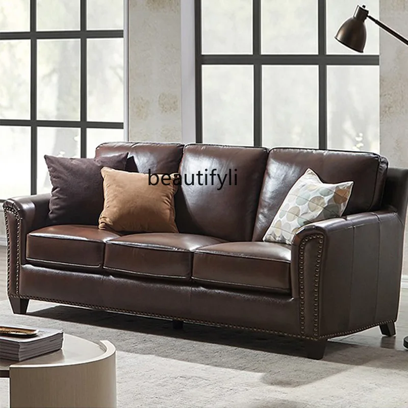 

American country leather sofa first floor cowhide villa small apartment three-person retro