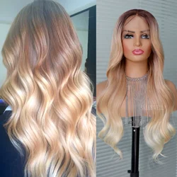 Ombre blond długie faliste koronkowa peruka na przód dla kobiet naturalny wygląd żaroodporna syntetyczna koronka koronkowa peruka na przód s 24inch