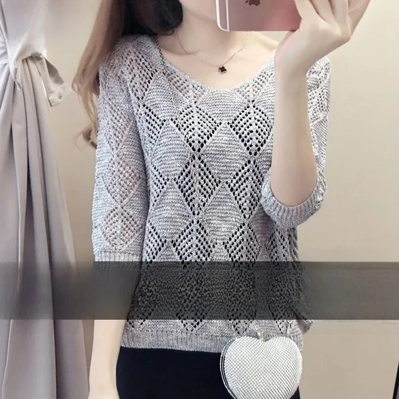 

Summer Women's Loose Hollow out Thin Knitted Sweater over Shirt Base Layer Sun Protection Trendy Korean Style Long Sleeve Cre...