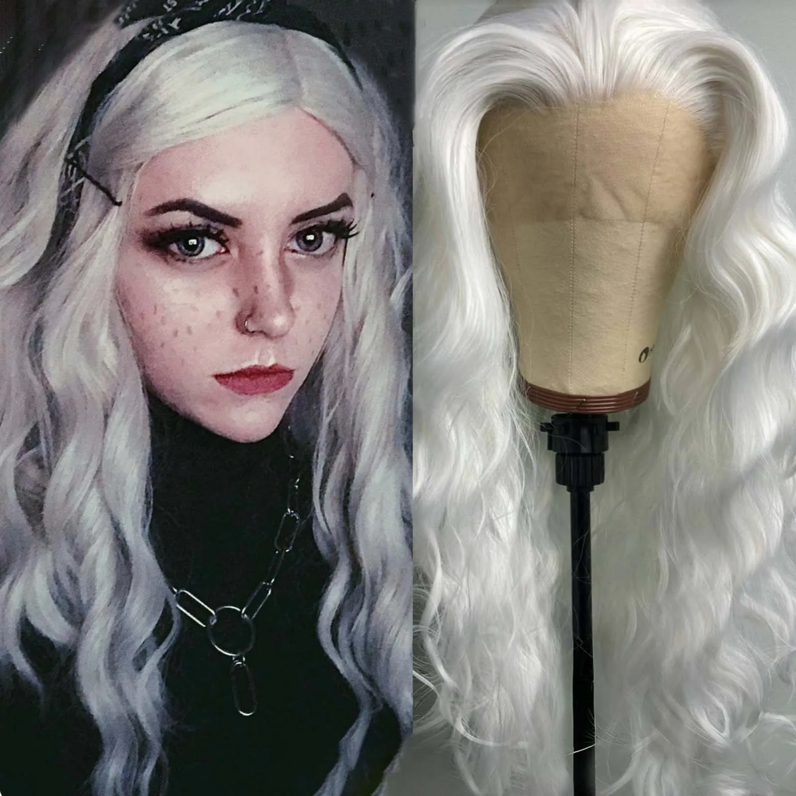 13X4 White Curly Wig Synthetic Lace Front Wig Natural Long White Blonde Colored Hair Lace Frontal Wigs for Women Party Cosplay