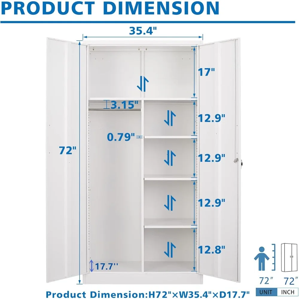 Белый 72-й высокий стальной шкафчик для сотрудников с подвесным стержнем, полками и запираемым хранилищем