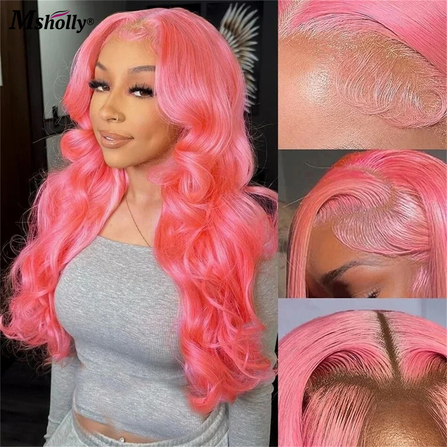 Wig rambut manusia renda depan gelombang merah muda pesta Natal 13x4 Wig rambut manusia Frontal renda transparan tembus udara telah ditanami