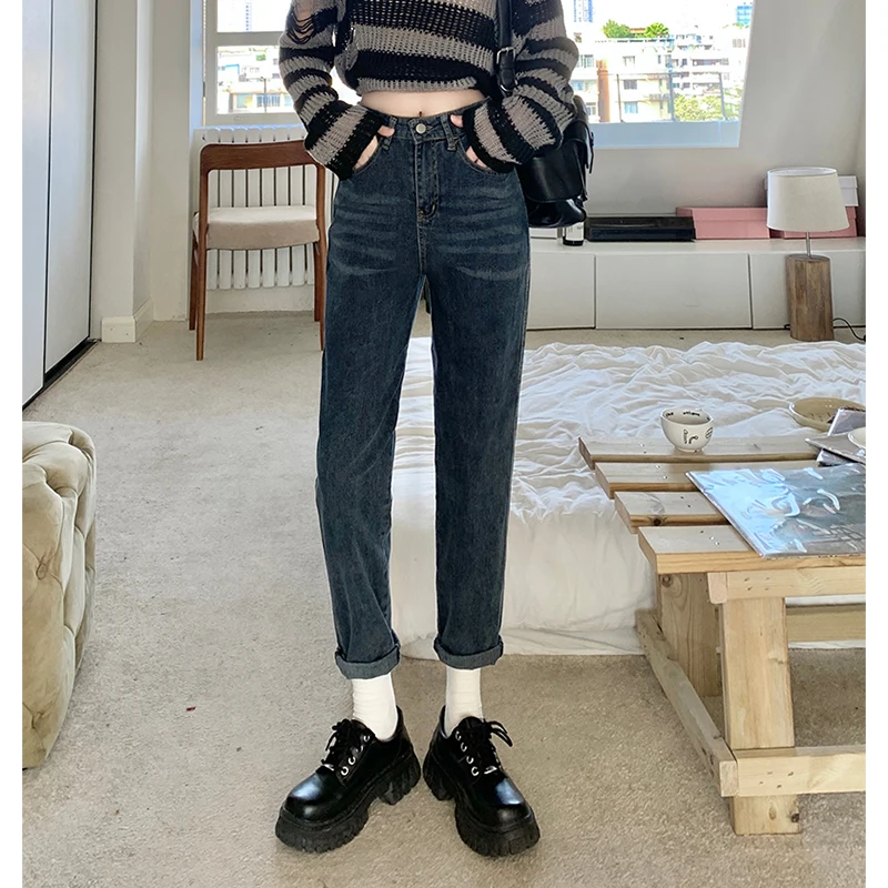

High Waist Elastic Straight Leg Nine-Tenths Jeans Women's Spring Autumn plus Size Loose Dad Harem Carrot Pants Casual Cotton ...