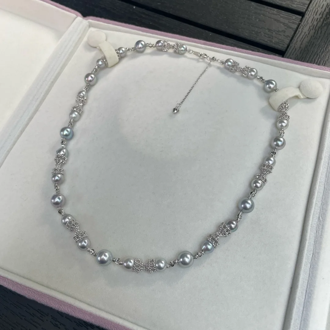 6-8mm Akoya Silver Gray Necklace, S925 Silver Slight Baroque Strong Luster, Lace Design Seawater Pearl Jewelry Gift
