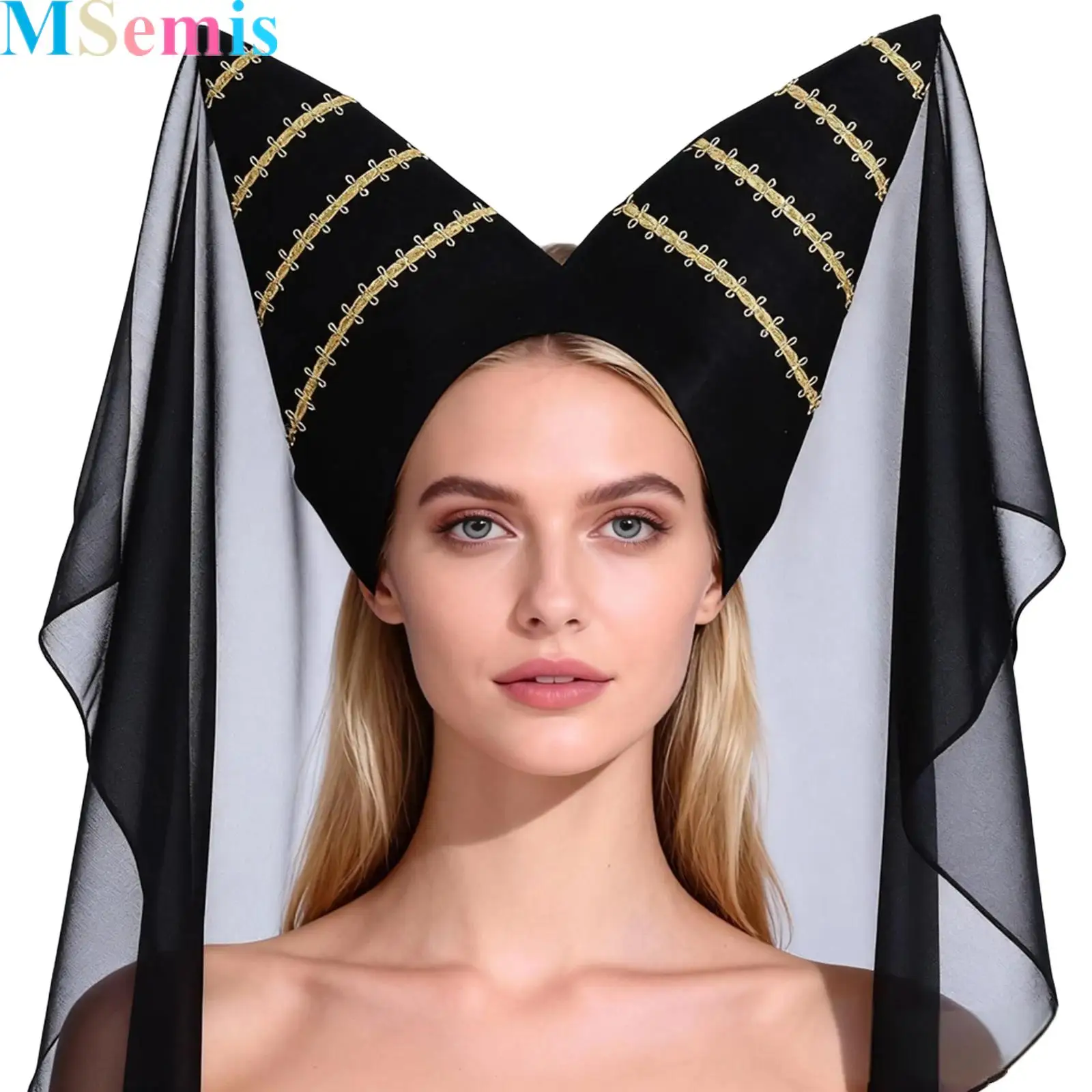 

Medieval Bicorn Hat with Veil Adorned Gold Braided Tape Hat for Women 15th Century Headdress Renaissance Cosplay Accessory