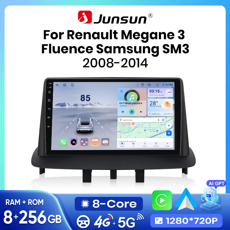 Autoradio Junsun Wireless CarPlay Android Auto pour Renault Megane 3 Fluence Samsung SM3 2008-2014 2 DIN avec ventilateur de refroidissement intégré, systèmes intelligents, écran tactile, lecteur vidéo, unité centrale stéréo, navigation Bluetooth GPS 4G RDS FM SWC