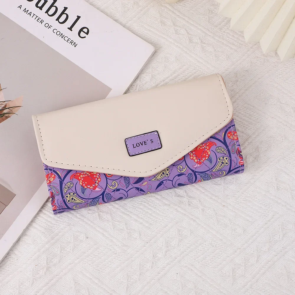 New Korean Women's Wallet Bag - Pastoral Floral Contrast Color, Tri-Fold Envelope Buckle Zipper Purse