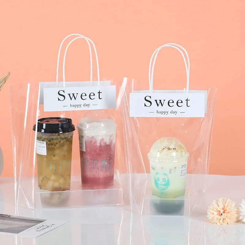 

25pcs Disposable Milk Tea Handbag Transparent OPP Plastic Single Cup Double Cup Beverage Takeout Packing Portable Packaging Bags