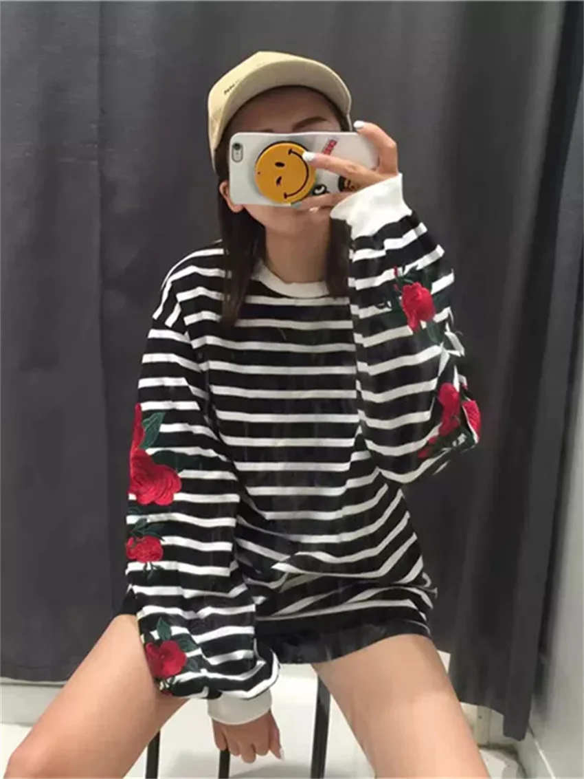 Alien Kitty Harajuku Hoodies Roses Embroidery Lantern Sleeve Loose Striped Women Sweatshirt Girl Vintage Elegant Casual Tops