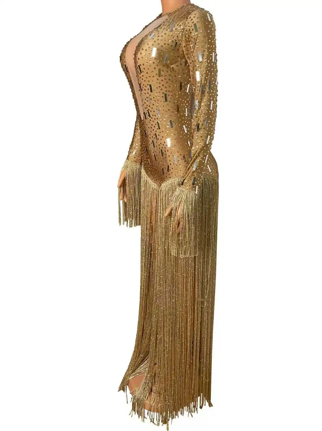 Przyciągające wzrok, błyszczące, eleganckie, brokatowe damskie body z frędzlami na powrót do domu, świętowanie, kostiumy królowej pokazów w Las Vegas.