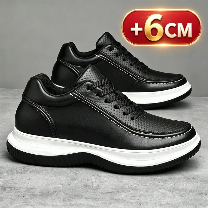 Men Hidden 6CM Height Increasing Leather Shoes Breathable Elevator Sneakers Male Casual Lace Up Business Non Slip Sport Footwear