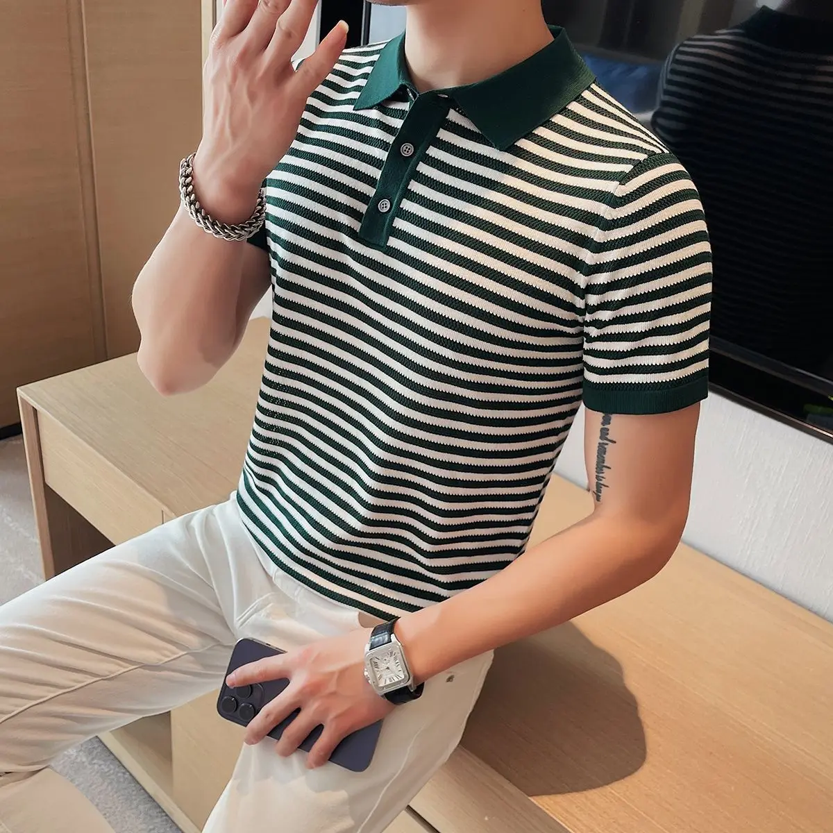 

2024 Men Summer Fashion Striped Knit Polo Shirts Men Short Sleeve Casual Tops Mens Buttoned Turn-down Collar Slim T Shirt D166