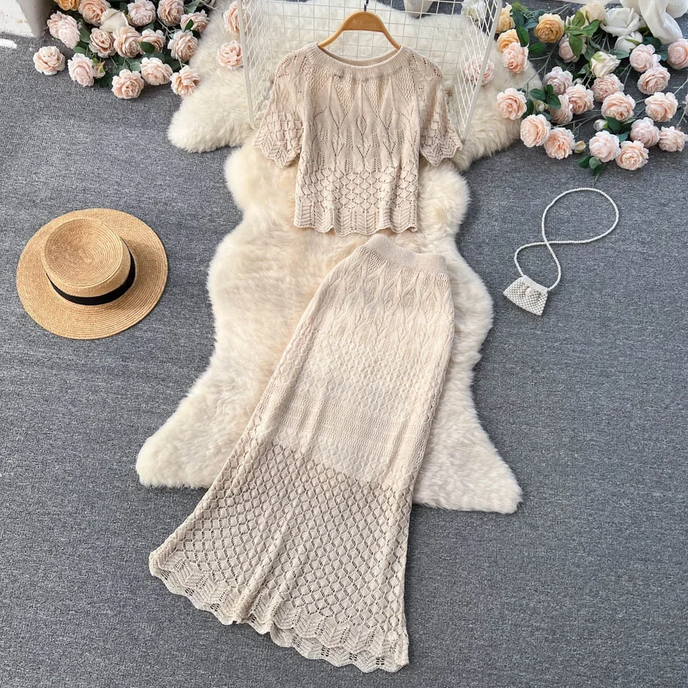 Chic Women Two-Piece Sets Slim O-neck Hook Flower Hollow Out Lace Top and Sexy Mermaid Skirt Korean High Street Summer Clothing