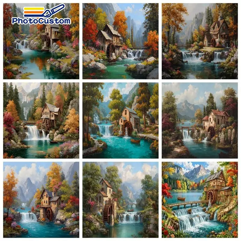 PhotoCustom Stream Waterfall Painting By Numbers Living Room Decoration Crafts DIY Kits for Beginners Landscape Modern Handmade