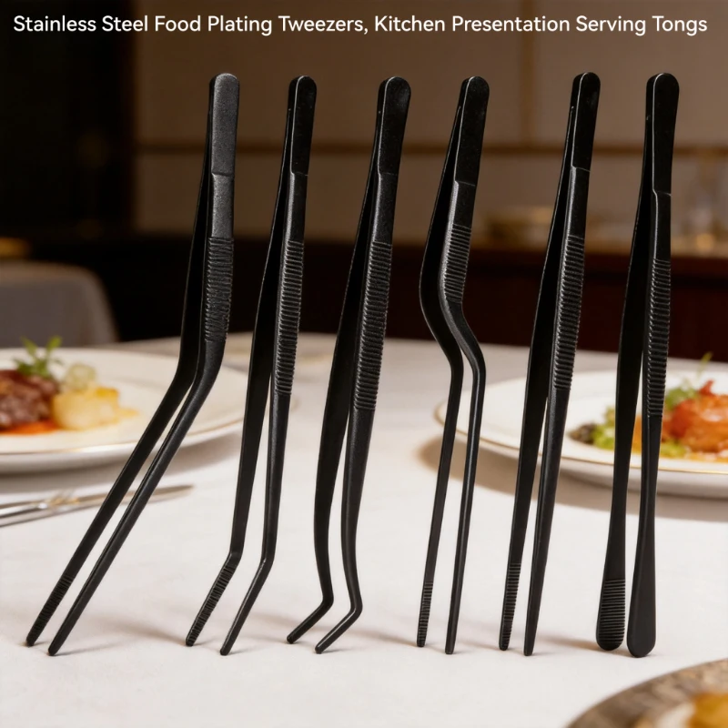 6Pcs Stainless Steel Kitchen Tools, Heavy Duty Plating Tweezers & BBQ Tongs for Food Styling