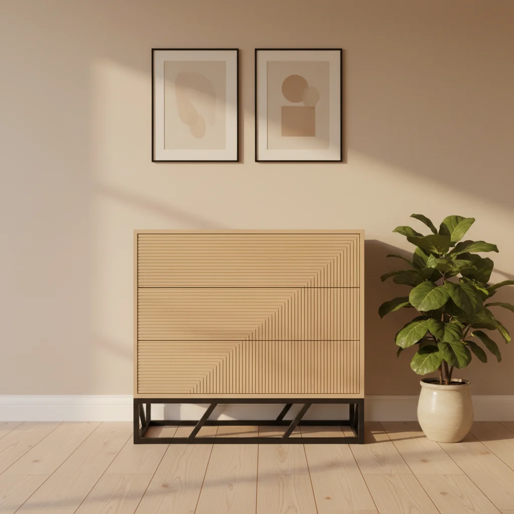 

xx-Stylish Line Design 3 Drawers Wooden Chest of Drawers with Black Metal Legs Bedroom Clothes Storage Organizer Cabinet*
