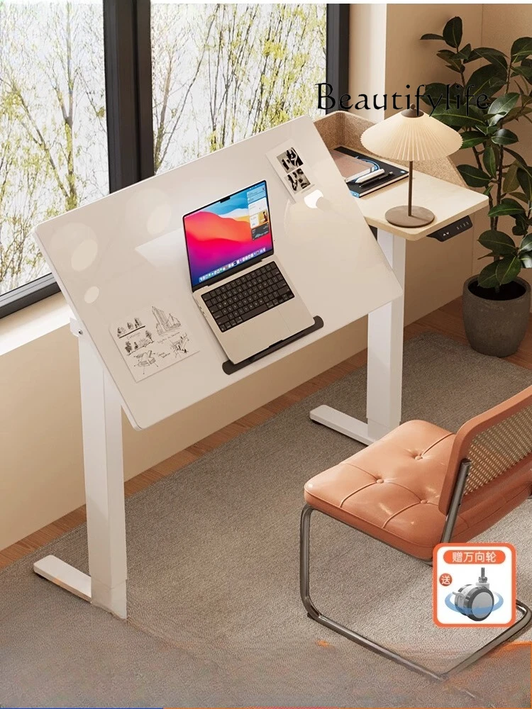 Automatic electric lifting table folding desk tempered glass painting calligraphy table removable for home use